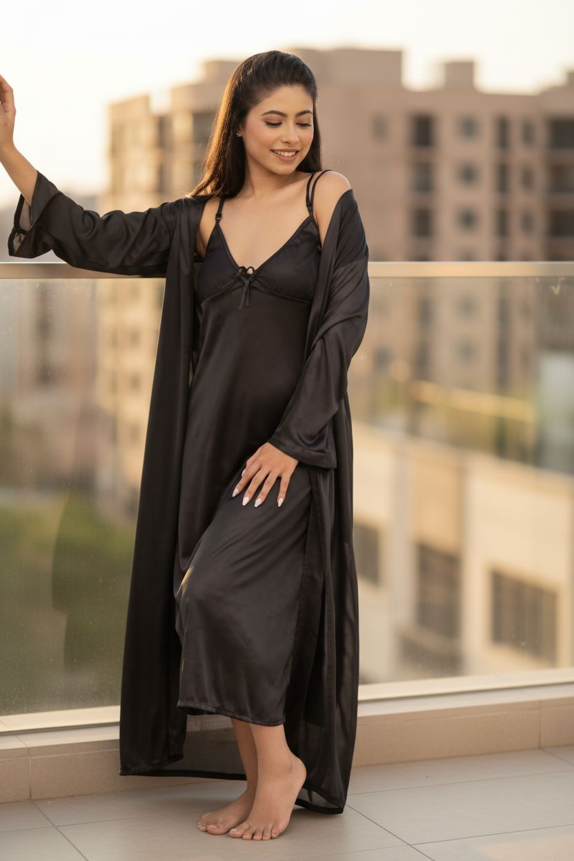 Premium Silk 2-Piece Nightwear – Black (Free Size)