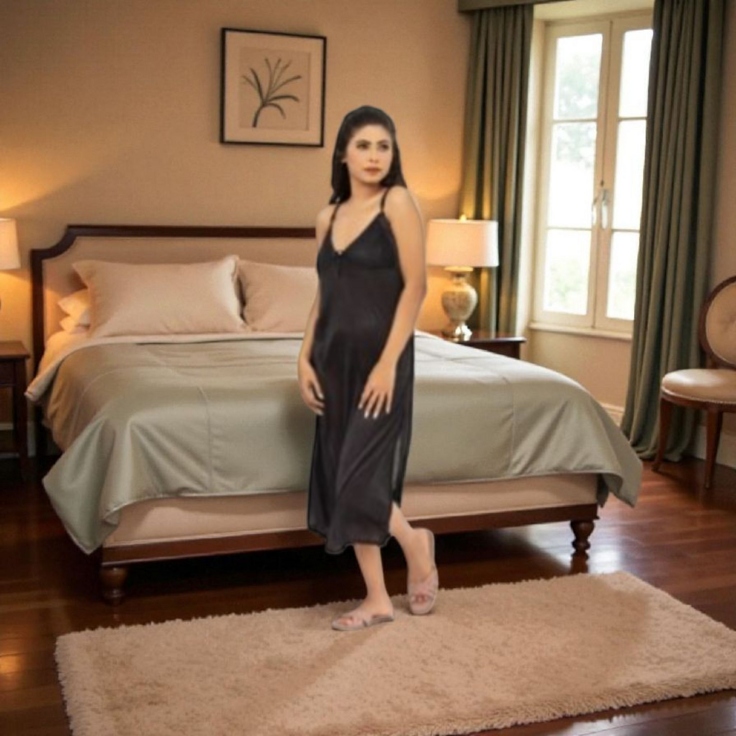 Premium Silk 2-Piece Nightwear – Black (Free Size)