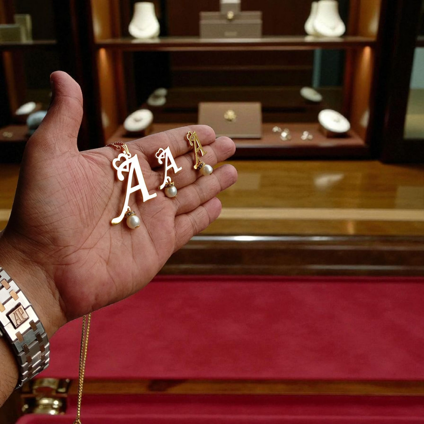 Customized Initials Pendant with Earrings – English & Urdu Options (Brass)