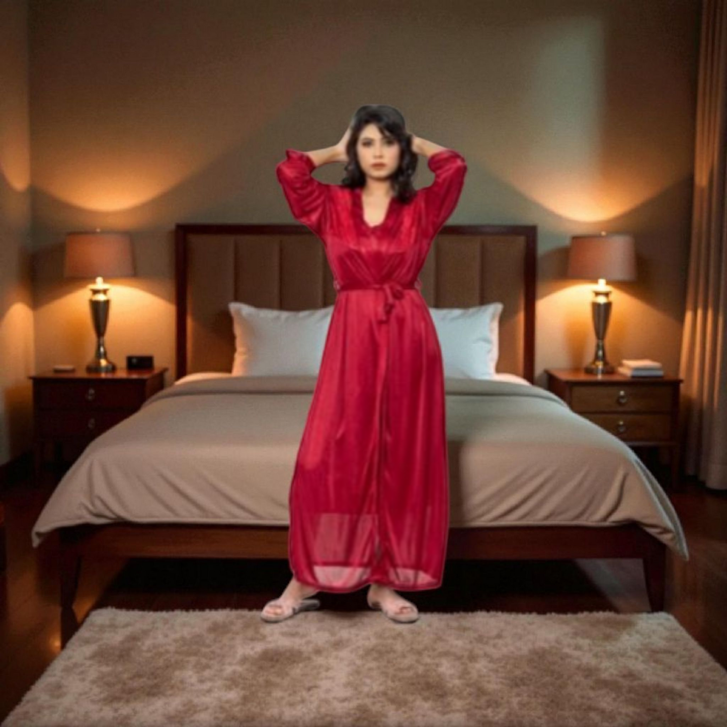 Premium Silk 2-Piece Nightwear – Maroon (Free Size)