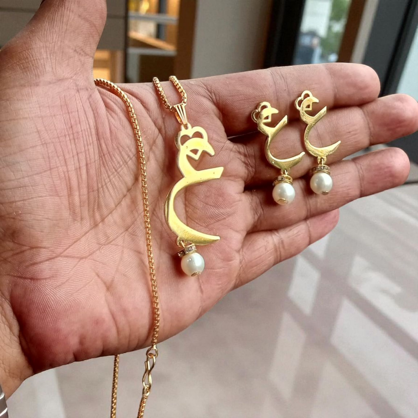 Customized Initials Pendant with Earrings – English & Urdu Options (Brass)