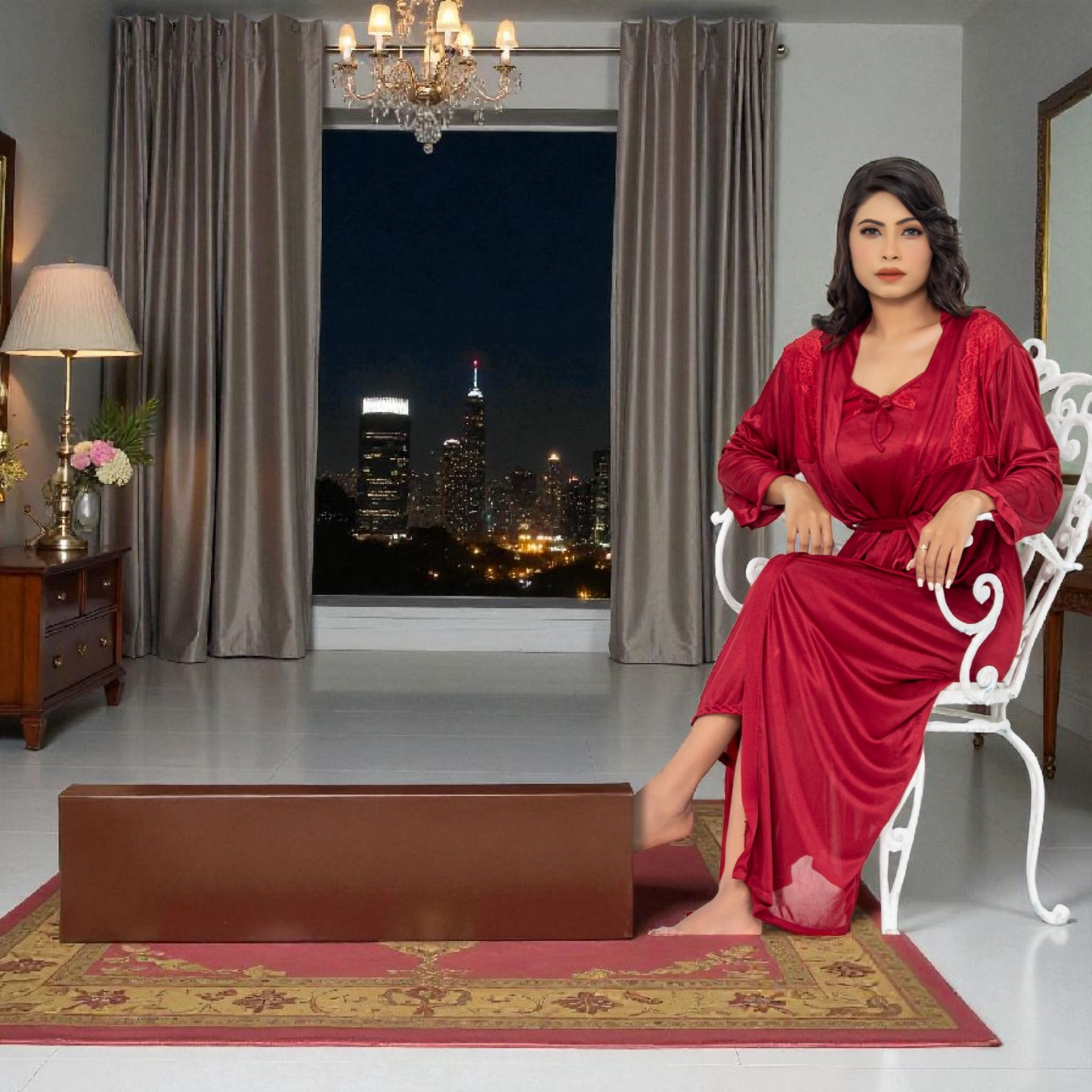 Premium Silk 2-Piece Nightwear – Maroon (Free Size)