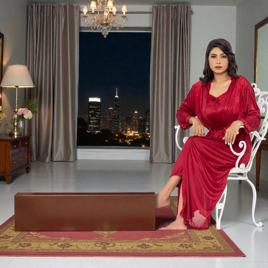 Premium Silk 2-Piece Nightwear – Maroon (Free Size)