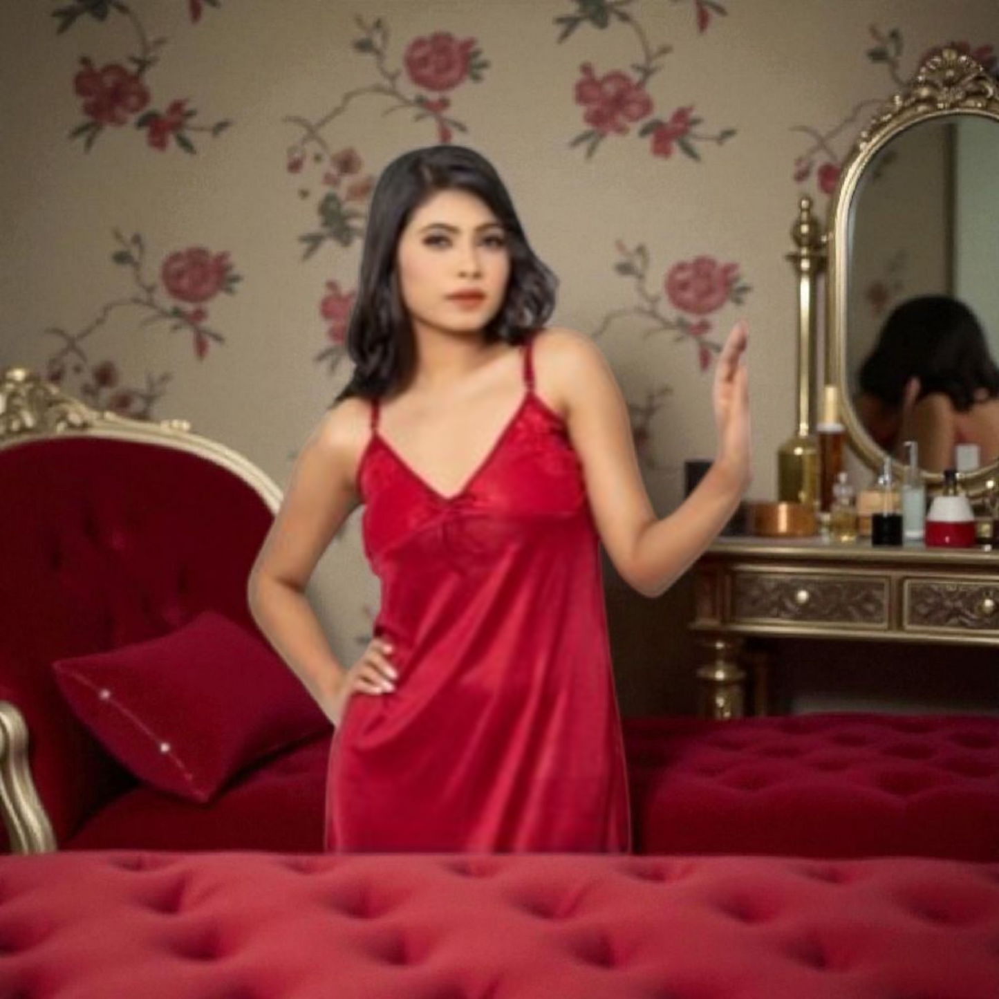 Premium Silk 2-Piece Nightwear – Maroon (Free Size)